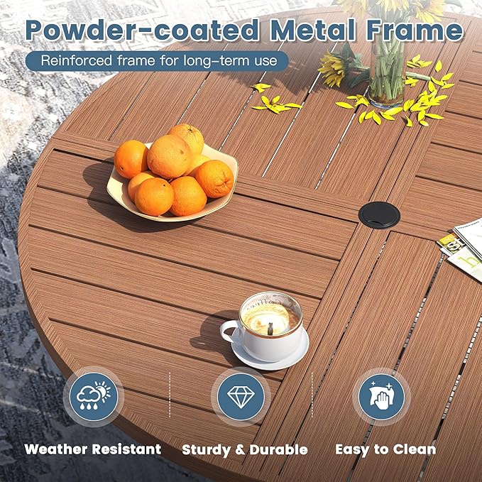 DIFY 53.1" Round Outdoor Patio Dining Table for 6-8, All-Weather Metal Steel Slatted Patio Table with 1.57" Adjustable Umbrella Hole, for Lawn Garden Porch Backyard, Walnut