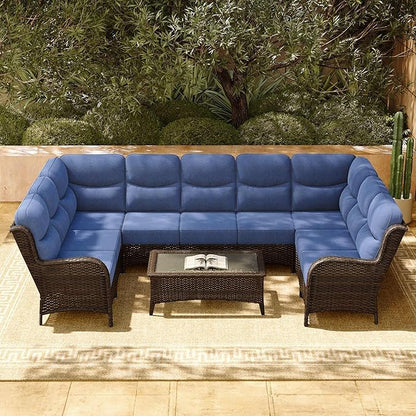 HILLGA Luxury Patio Furniture Set with 6-inch Thick Cushion, Outdoor Sectional Sofa and Coffee Table, 2PCS Wicker Conversation Set for Deck Yard and Poolside, Blue (V2)