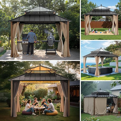 SUNJOY Kingston 12' x 12' Hardtop Gazebo with Galvanized Steel/Polycarbonate Double Roof, Curtain and Netting, Woodgrain Finish Aluminum Posts Permanent Pavilion Gazebo for Garden, Patio, Deck, Lawn