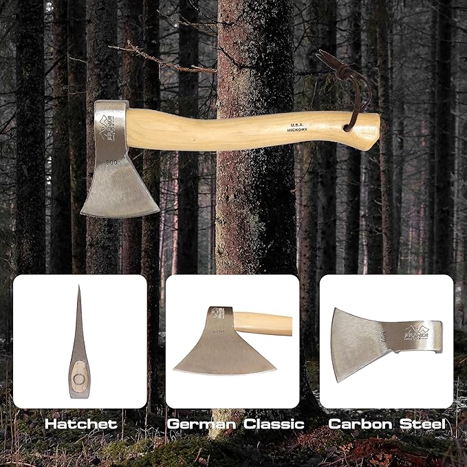 PRANDI German Hatchet 2.20lb - Hickory Handle 15.76in with Leather String - Ideal for Camping and Bushcraft - Made in Italy