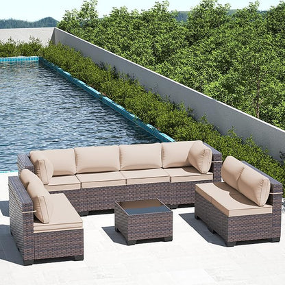 Outdoor Patio Furniture Set, 9 Pieces Outdoor Furniture All Weather Patio Sectional Sofa PE Wicker Modular Conversation Sets with Coffee Table,8 Chairs & Seat Clips(Brown)