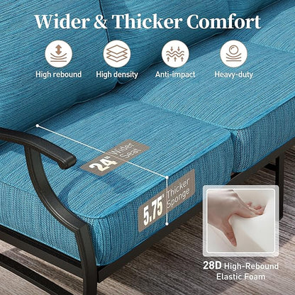 4 Piece Metal Outdoor Patio Furniture Set, Patio Conversation Set 1 3-seater Sofa, 2 Fixed Chair with 5.75" Extra Thick Cushion and Coffee Table, Black Frame Backyard Furniture, Blue-2
