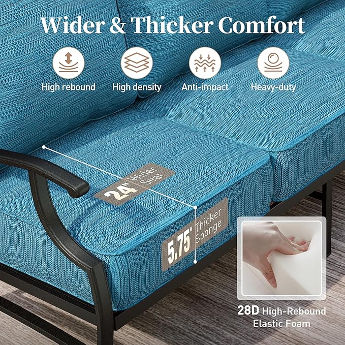 5 Piece Metal Outdoor Patio Furniture Set, Patio Conversation Sets 3-seater Sofa, 2 Fixed Chair, 2 Ottomans with 5.75" Thick Cushion, Black All-weather Frame Backyard Furniture, Blue-2