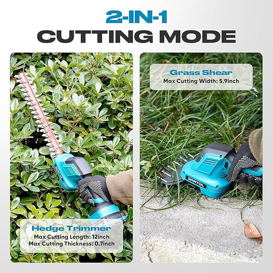 GARTOL Hedge Trimmer Cordless 2-in-1, 12'' Bush Trimmer & 20V Battery Powered Grass Shears with Battery & Charger, Lock, Fast Blade Change, Electric Hedge Shears Compatible with 18V Makita Batteries