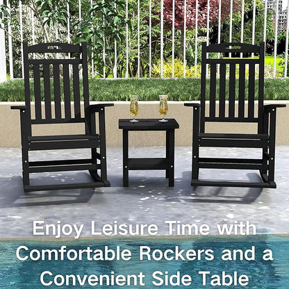 Kingdura Outdoor Rocking Chairs Set of 2, HDPE Plastic Patio Rocking Chair All-Weather Oversized Porch Rocker with High Back for Patio Outside Backyard Balcony (Black)