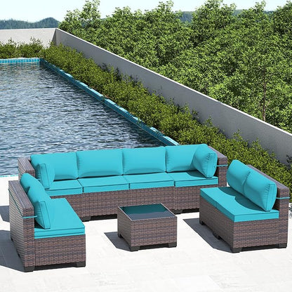Outdoor Patio Furniture Set, 9 Pieces Outdoor Furniture All Weather Patio Sectional Sofa PE Wicker Modular Conversation Sets with Coffee Table,8 Chairs & Seat Clips(Turquoise Blue)