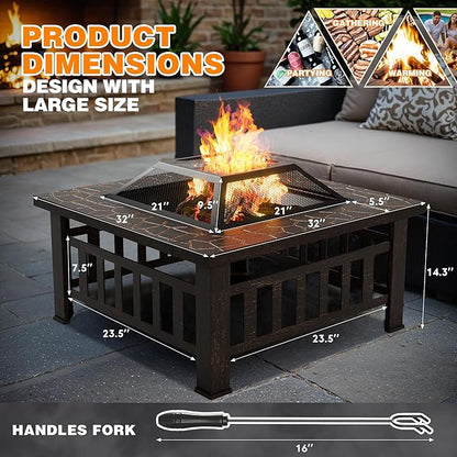 Flamaker Outdoor Fire Pit 32 Inch Firepit Tables Backyard Mutifunctional Square Metal Stove Wood Burning with Cover Poker for Patio, Camping, Bonfire (Copper)