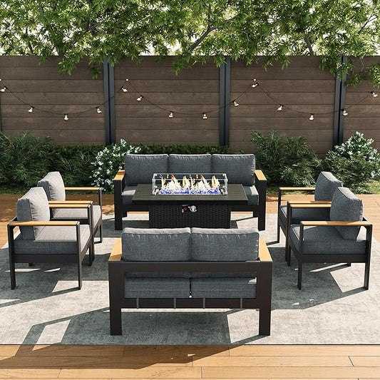 LayinSun 7 Piece Aluminum Outdoor Furniture Set with Fire Pit Table, Outside Patio Deep Seating Conversation Set with Upgraded Washable Thick Cushion