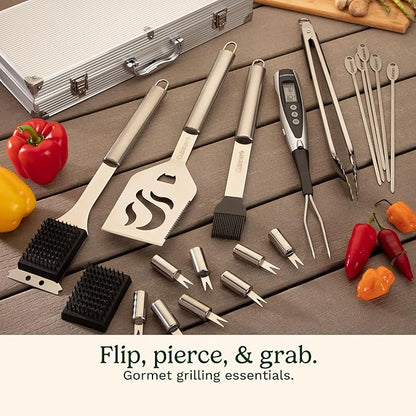 Cuisinart Deluxe Grill Tool Set, 20-Piece BBQ Kit with Aluminum Case and Digital Temperature Fork, Spatula, Tongs, Grill Accessories and Utensils, Grilling Set for Cookout (Pack of 4)