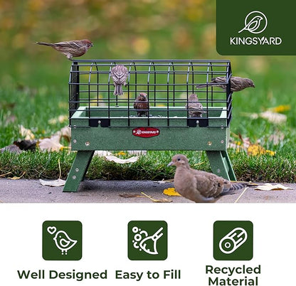 Kingsyard Squirrel Proof Ground Bird Feeder for Outdoors - Recycled Plastic Platform Feeding Station, Fly-Through Metal Caged Wild Bird Feeder for Small Birds, 5 LBS Large Capacity, Green