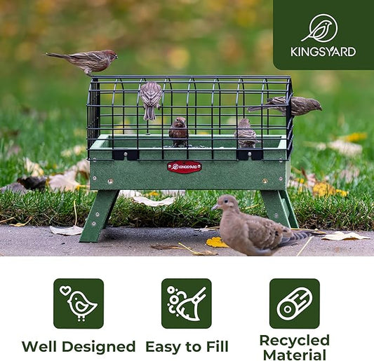Kingsyard Squirrel Proof Ground Bird Feeder for Outdoors - Recycled Plastic Platform Feeding Station, Fly-Through Metal Caged Wild Bird Feeder for Small Birds, 5 LBS Large Capacity, Green