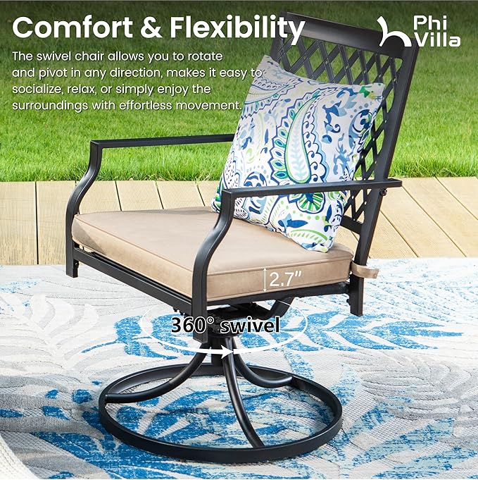 PHI VILLA 7 Pieces Outdoor Dining Set for 6, Round Metal Steel Table with Umbrella Hole & Swivel Wrought Iron Chairs with Cushions, Large Modern Furniture for Patio, Deck, Backyard, Porch