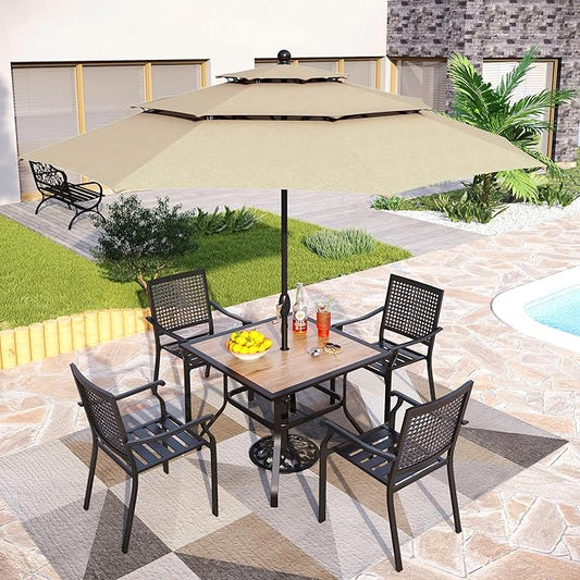 PHI VILLA 5 Pieces Patio Dining Set for 4 with 10ft Patio Umbrella, Metal Outdoor Stackable Wrought Iron Chair Set of 4 & 37" Metal Wood-Like Dining Table,3 Tier Vented Market Table Beige Umbrella