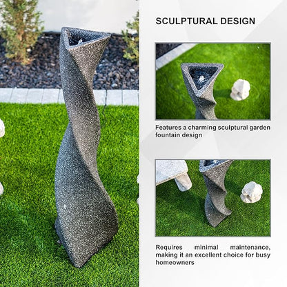 XBrand 39 in. H Freestanding Resin Fiberglass Sculptural Modern Twisted Pilar Outdoor Garden Fountain w/LED Light