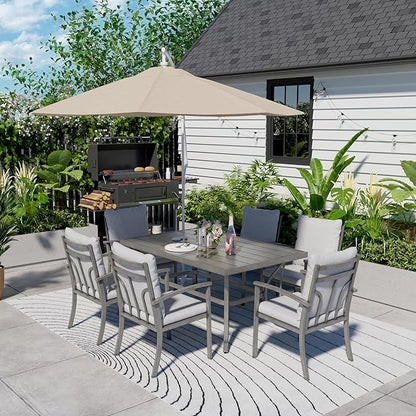 HAPPATIO 7-Piece Outdoor Dining Set - All Aluminum Patio Table and Chairs Set for 6 Includes 1 Rectangular Dining Table and 6 Dining Chairs with Cushions, Patio Dining Set for Lawn, Garden, Backyard