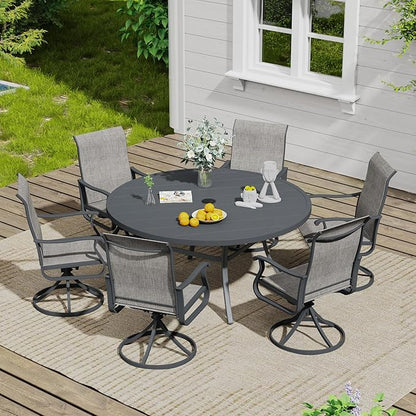 VICLLAX Outdoor Patio Round Dining Table, 50"x 50" Metal Slatted Round Tabletop with Adjustable Umbrella Hole for Deck Lawn Garden Backyard, Dark Grey