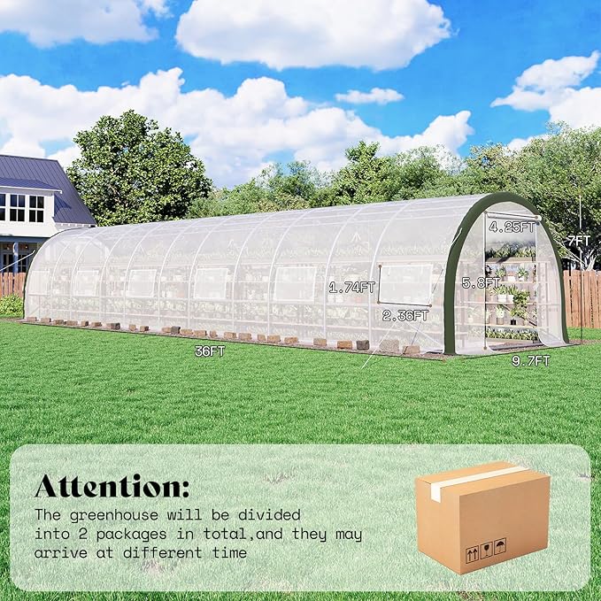AMERLIFE 36x10x7 FT Large Walk-in Tunnel Greenhouses for Outdoors with Watering System 2 Zipper Doors, Heavy Duty Greenhouse Upgraded Galvanized Steel Frame 12 Windows, Green/White