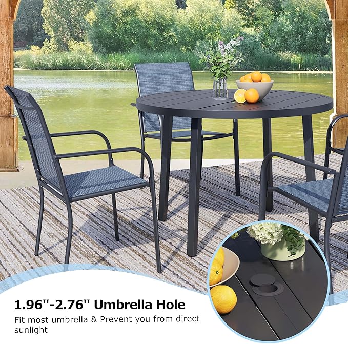 5 Pieces Round Dining Table Set for 4, Patio Dining Set Includes 4 Blue Stackable Patio Chairs and 1 Black Round Table, Patio Furniture Setss with Sling Support for Outside, Garden