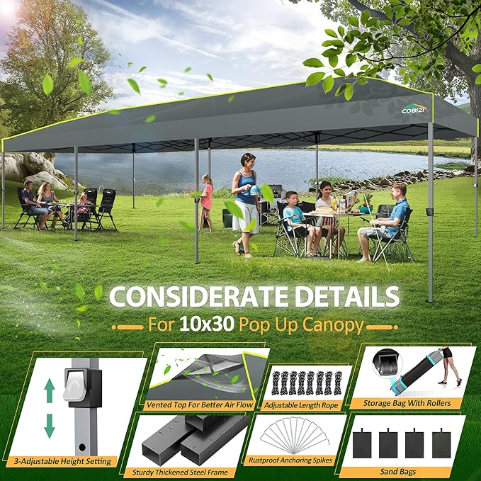 COBIZI 10x30 Pop Up Canopy Tent with Air Vent EZ Pop Up Party 10x30 Canopy Tent Waterproof and UPF50+,Outdoor Canopy Tent for Parties Wedding Events,with Roller Bag, Sandbags(Gray