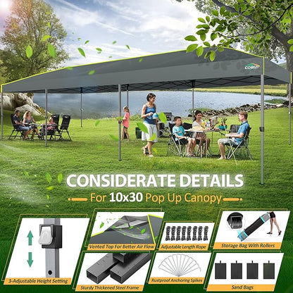 COBIZI 10x30 Pop Up Canopy Tent with Air Vent EZ Pop Up Party 10x30 Canopy Tent Waterproof and UPF50+,Outdoor Canopy Tent for Parties Wedding Events,with Roller Bag, Sandbags(Gray