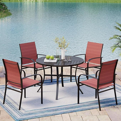 Patio Table and Chairs Set for 4, 5 Pieces Outdoor Dining Set, 4 Red Textilene Chairs and 42" Metal Round Table with Umbrella Hole, for Deck Garden Backyard Lawn Poolside