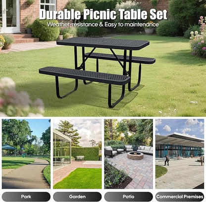 4FT Outdoor Picnic Tables,Heavy-Duty Metal Rectangular Picnic Table,Expanded Metal Commercial-Grade Table with 2 Benches & Umbrella Hole,Waterproof Coating Beach Table for Patio,Garden, Backyard