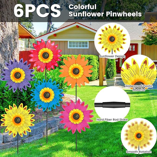 6PCS Sunflower Wind Spinners with Stakes 14" W x 29" H Wind Spinners Lawn Pinwheel Sunflower Windmill Outdoor Multicolor Pinwheels for Yard Decoration