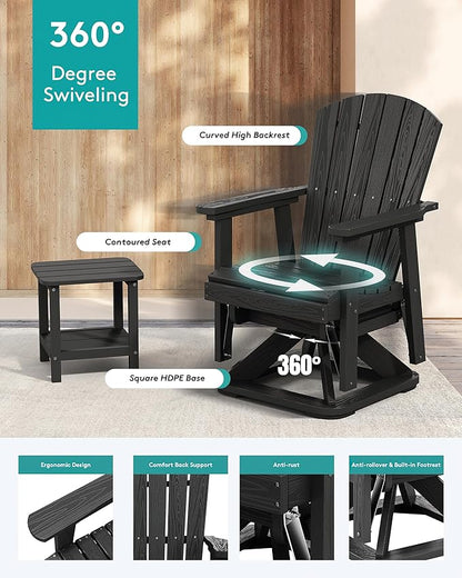 SERWALL Adirondack Swivel Glider Chair, HDPE Swivel Glider Set of 4 for Outdoor, All-Weather Glider Rocking Chair for Porch, Balcony, Black