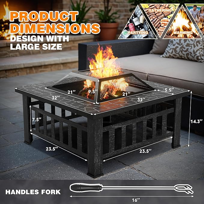 Flamaker Outdoor Fire Pit 32 Inch Firepit Tables Backyard Mutifunctional Square Metal Stove Wood Burning with Cover Poker for Patio, Camping, Bonfire (Silver)