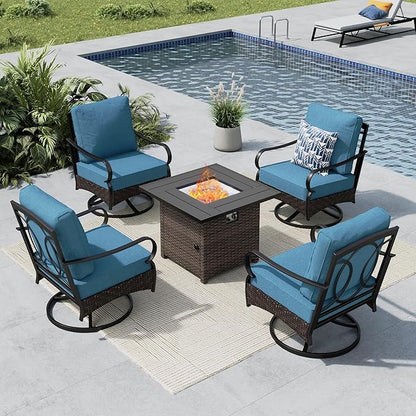 MFSTUDIO 5 Pieces Outdoor Patio Furniture Set, Metal Outdoor Conversation Sofa, Rattan Wicker Patio Sectional Sofa Set with 4 x Swivel Single Sofa, 1 x Fire Pit Table, Navy Blue