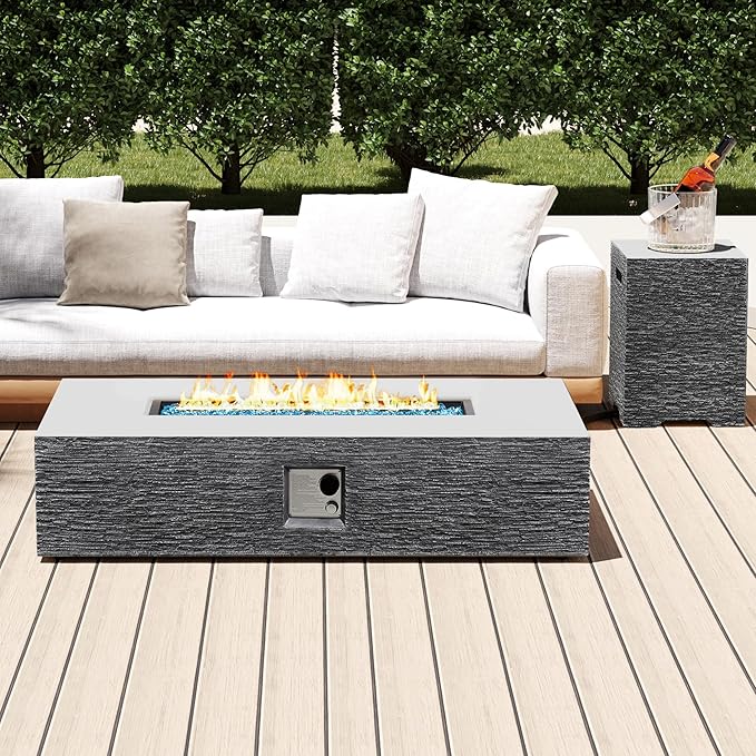 UPHA 56-inch Outdoor Propane Gas Fire Pit Table 50000 BTU Concrete Rectangle FirePit for Outside Patio with Wind Guad, Blue Glass Rocks, Rain Cover, Grey Horizontal Stripe