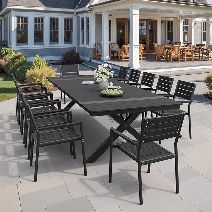 Pellebant 13 Piece Patio Table and Chairs Set for 12, Aluminum Outdoor Dining Set with Umbrella Hole, Stackable Dining Chairs & 114" Dining Table, Black