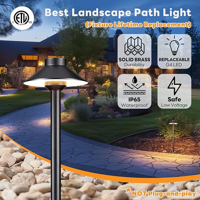 Gardenreet Brass Low Voltage Pathway Lights - 12V LED Landscape Path Lighting, Walkway Light Waterproof IP65, Hat Shaped Wired ‎Classic Black for Outdoor Entrance Garden G4 Bulb Not Included (6 Pack)