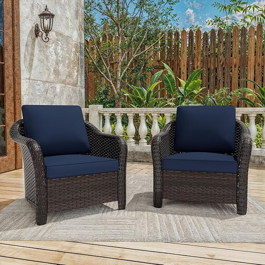 Vista Vibe Outdoor Patio Deep Seat Chairs Set of 2, Washable Cushions, Hand-Woven PE Rattan, All-Weather & Steel Frame, Garden, Bistro, Deck, Yard (Navy)