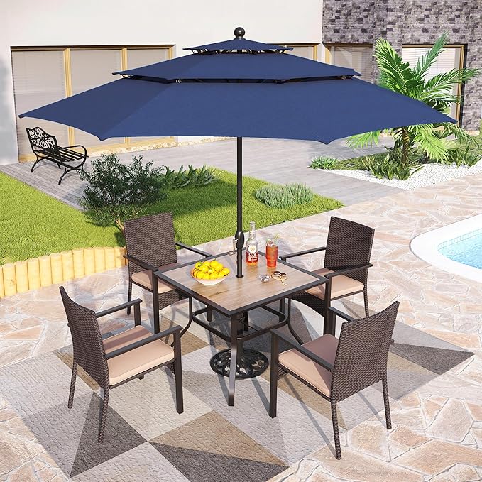 PHI VILLA 5 Piece Outdoor Dining Set for 4, 37" Square Metal Dining Table & 4 Cushioned Rattan Wicker Chairs for Patio, Deck, Yard, Porch