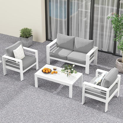 Solaste Outdoor Aluminum Furniture Set - 4 Pieces Patio Sectional Chat Sofa Conversation Set with Table,White