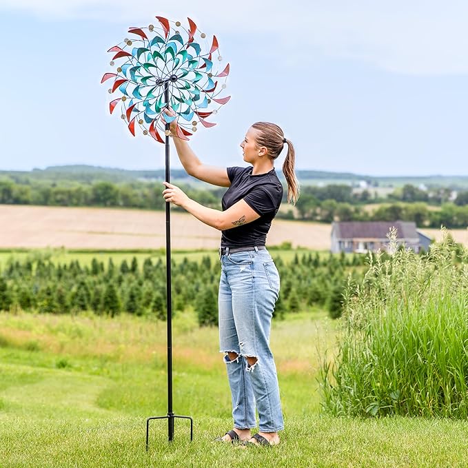 Sunnydaze Rainbow Breezes Metal Garden Wind Spinner - Removable Pole Sections for Adjustable Height - Dual-Motion Blades - 84" H