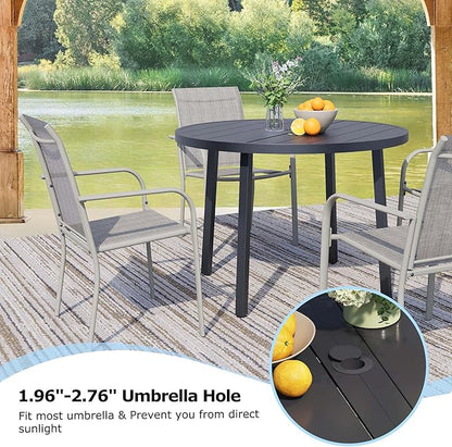 5 Pieces Round Dining Table Set for 4, Patio Dining Set Includes 4 Grey Stackable Patio Chairs and 1 Black Round Table, Patio Furniture Setss with Sling Support for Outside, Garden