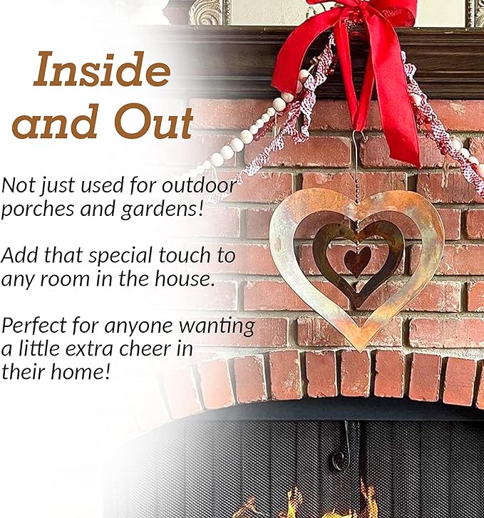 Happy Gardens Hanging Heart Ornament Spinner with a Flamed Finish | Outdoor Heart Decorations for Valentine's Day, Mother's Day | Garden and Backyard Gifts