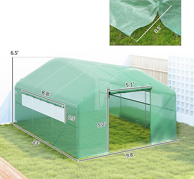 Outsunny 13' x 10' x 6.5' Hoop House Greenhouse with Large Windows and Zippered Door, Large Walk-in Tunnel Green House with Upgraded Galvanized Steel Frame, PE Cover, Gardening Plant Hot House, Green