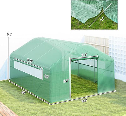 Outsunny 13' x 10' x 6.5' Hoop House Greenhouse with Large Windows and Zippered Door, Large Walk-in Tunnel Green House with Upgraded Galvanized Steel Frame, PE Cover, Gardening Plant Hot House, Green