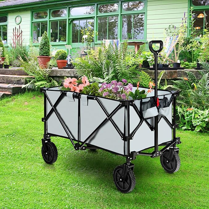Goplus Collapsible Wagon, Folding Utility Wagon Cart w/Universal Wheels & Adjustable Handle & Cover Bag, Grocery Wagon for Garden Shopping Camping (Grey)