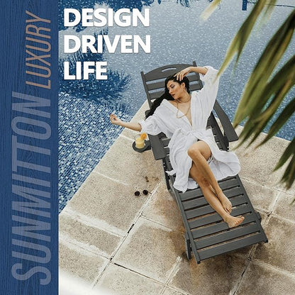Patio Chaise Lounge Chair Set of 2, HDPE Outdoor Lounge Chairs with 5-Position Adjustable Backrest, Cup Holder and Wheels, 450lbs Capacity for Poolside Deck Backyard, All Weather Material(Gray)