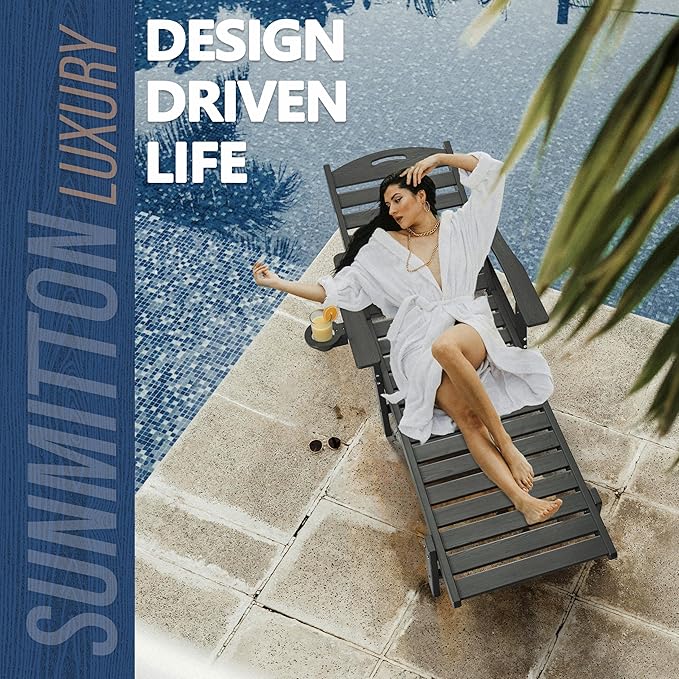 Patio Chaise Lounge Chair, HDPE Outdoor Lounge Chairs with 5-Position Adjustable Backrest, Cup Holder and Wheels, 450lbs Capacity for Poolside Deck Backyard, All Weather Material(Gray)