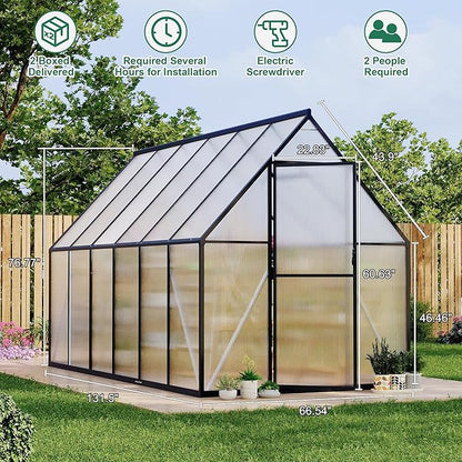 6x11 ft Aluminum Large Walk-in Greenhouses for Outside, Polycarbonate Greenhouse with Aluminum Frame, Greenhouse with Ventilation and Rain Gutter, Polycarbonate Greenhouses for Outdoors