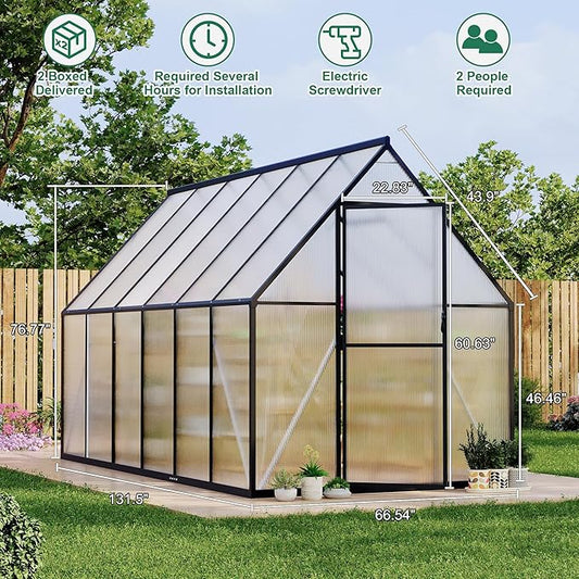 6'x11' Aluminum-Framed Polycarbonate Greenhouse, Heavy Duty Polycarbonate Greenhouse with Quick Setup Structure and Roof Vent, Large Enhanced Aluminum GreenhouseKit for Outdoors