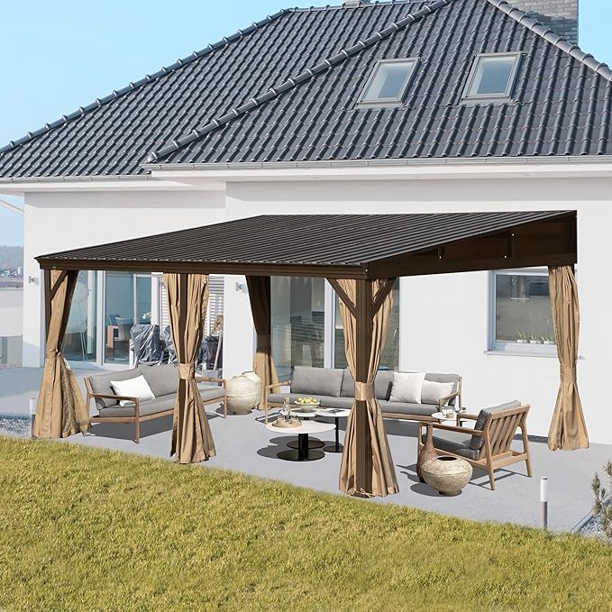 12’ x 16’ Lean to Gazebo, Outdoor Wall Mounted Gazebo Aluminum Frame, Hardtop Pergola with Galvanized Steel Sloping Roof for Patio Deck Garden Backyard, Curtain and Netting Included