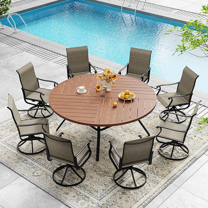DIFY 59.8" Round Outdoor Patio Dining Table for 8-10, All-Weather Metal Steel Slatted Patio Table with 1.57" Adjustable Umbrella Hole, for Lawn Garden Porch Backyard, Walnut