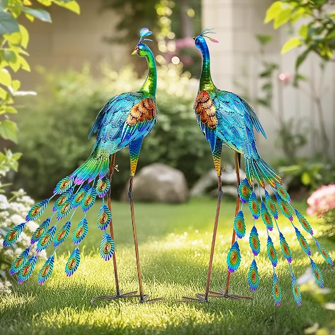 32" Tall Metal Peacock Garden Statue, Handmade Oversized Couple Peacock Sculptures with Anchor Ground Stakes, Iron Ornament Yard Art Decor for Garden, Patio, Entryway Porch, or Home Space.