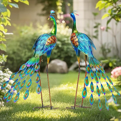 32" Tall Metal Peacock Garden Statue, Handmade Oversized Couple Peacock Sculptures with Anchor Ground Stakes, Iron Ornament Yard Art Decor for Garden, Patio, Entryway Porch, or Home Space.